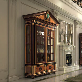 Distinguished Armando Rho A1312 cabinet crafted with satinwood, yew wood, and amaranth exhibiting glossy dark brown finish with luminous inlays