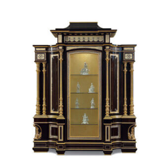 Exquisite Armando Rho A1322 cabinet crafted in ebony and maple wood with gold detailing and mother-of-pearl inlays with glossy sheen