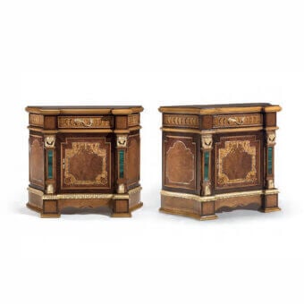 Distinguished Armando Rho A1324 nightstand with walnut Persian burl, satinwood and madrona burl finish plus malachite inserts