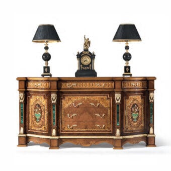 Distinguished Armando Rho A1325 dresser crafted in walnut Persian burl, satinwood and madrona burl with glossy finish