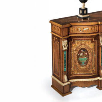 Exquisite Armando Rho A1325 dresser handcrafted in walnut Persian burl, satinwood and madrona burl with malachite inserts and satin finish