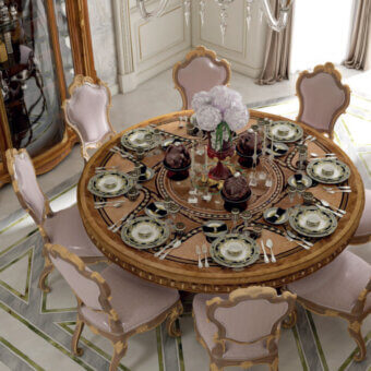 Distinguished Armando Rho A1341 table crafted in walnut Persian burl, bois de rose, and walnut California burl with mother of pearl, brass, and copper inlay and glossy finish