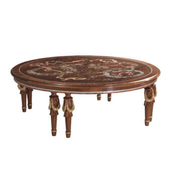 Distinguished Armando Rho A1347 coffee table crafted in walnut Persian burl and cherry wood with luminous mother of pearl inlay and glossy finish