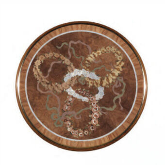 Distinguished Armando Rho A1348 side table crafted with walnut Persian burl and cherry wood, showcasing mosaic inlay with a satin finish