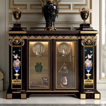 Distinguished Armando Rho A1399 cabinet crafted in ebony with precise brass inlays and subtle precious stone accents offering a glossy finish