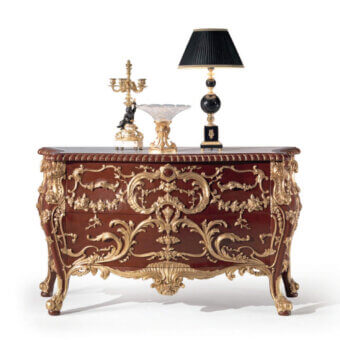 Superior Armando Rho A1371 dresser handcrafted in solid beech wood with red antique color and gold leaf accents