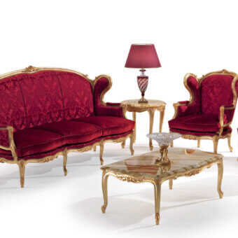 Superior Armando Rho A1374 coffee table with sculpted frame, luminous gold leaf and cool marble top