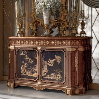 Distinguished Armando Rho A1377 cabinet handcrafted in Italy with walnut Persian burl and amara wood, gilded metal embellishments, plus marble surface