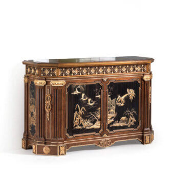 Distinguished Armando Rho A1377 cabinet crafted in Italy with walnut Persian burl and amara wood, exhibiting dark brown finish with gold ornamentation