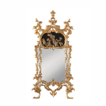 Lavish Armando Rho A1378 mirror handcrafted with gold leaf and ebony exhibiting intricate chinoiserie paintings