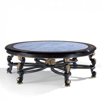 Exquisite Armando Rho A1385 coffee table with dark ebony wood, marble insert and black distressed base enriched with antique silver leaf