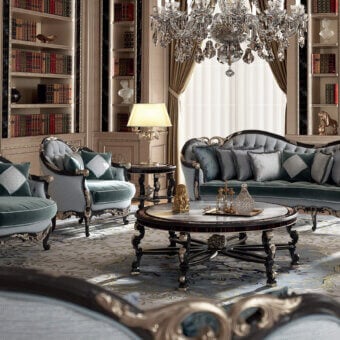 Distinguished Armando Rho A1385 coffee table with ebony wood, marble, and a black distressed finish enriched with antique silver leaf accents