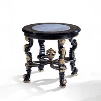 Superior Armando Rho A1386 side table with ebony wood top, marble insert and black distressed base accented with antique silver leaf