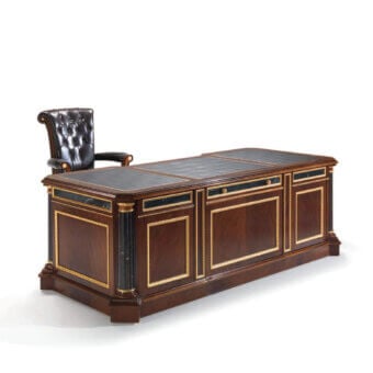 Superior Armando Rho A1388 desk crafted in figured crotch mahogany with gold leaf accents and African black marble drawer inserts