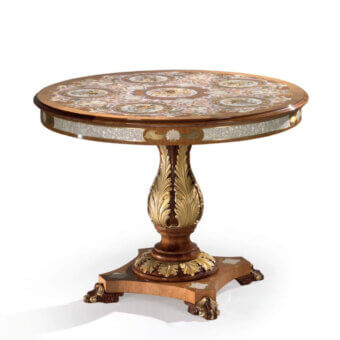 Lavish Armando Rho A1390 foyer table crafted in cherry wood and walnut Persian burl with mother of pearl inlays and glossy finish