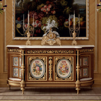 Exquisite Armando Rho A1394 sideboard crafted in bois de rose and amaranth wood with luminous Calacatta Gold marble and hand-painted porcelain panels