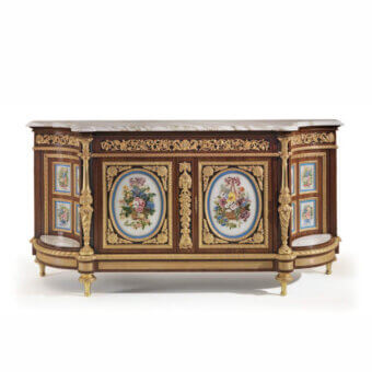 Superior Armando Rho A1394 sideboard crafted in bois de rose and amaranth wood with white glass inserts and Calacatta Gold marble top