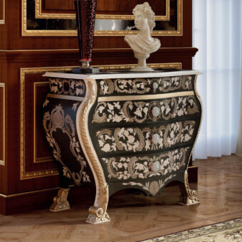Exceptional Armando Rho A1395 dresser crafted in exotic wood veneers with ebony amara finish and luminous mother of pearl inlay
