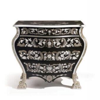Distinguished Armando Rho A1395 dresser crafted in ebony amara with mother of pearl, aluminum, and exotic wood veneer inlays and gold leaf accents