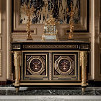 Distinguished Armando Rho A1396 sideboard crafted in Italy with ebony amara, brass inlays and White Statuario marble top
