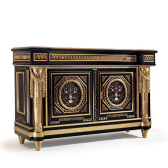 Distinguished Armando Rho A1396 sideboard crafted in Italy with ebony amara, brass inlays and White Statuario marble top finish