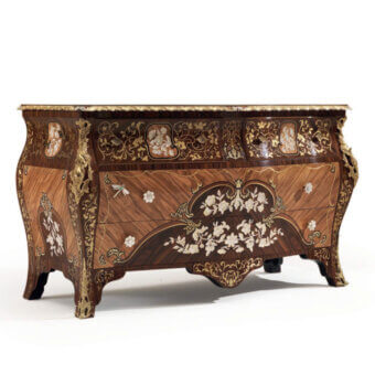 Distinguished Armando Rho A1397 dresser crafted in Italy with rosewood, olive wood, brass metal inlays, and white liquid ceramic with gold leaf