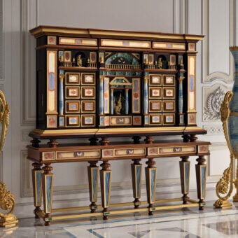 Traditional Armando Rho A1399 cabinet crafted in ebony amara with luminous mother-of-pearl, gold leaf, and Azul Macaubas marble inserts