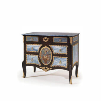 Distinguished Armando Rho A1400 & A1424 dresser crafted in Italy with smoked eucalyptus wood and Azul Bahia marble inserts in gold leaf finish
