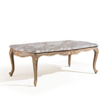 Distinguished Armando Rho A1410 coffee table with natural oak tone and marble top crafted with gold leaf accents in French Louis XV–style