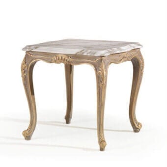 Distinguished Armando Rho A1411 side table with natural oak tone and grey veined marble top crafted with gold leaf accents