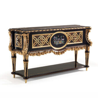 Traditional Armando Rho A1412 sideboard crafted in ebony amara and turtle shell with ornate gilded detailing exhibiting baroque influences