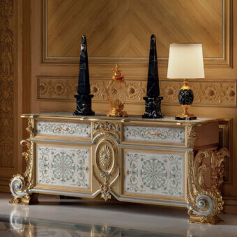Exquisite Armando Rho A1415 sideboard crafted in luminous white mother of pearl with light green and gold inlays and dark gray marble accents