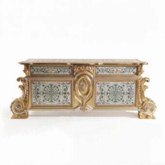 Lavish Armando Rho A1415 sideboard handcrafted in luminous white mother of pearl with light green and gold inlays and gold leaf finish