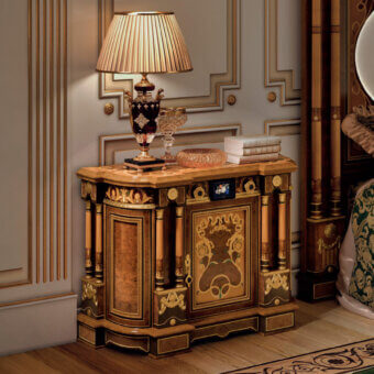 Exquisite Armando Rho A1418 nightstand crafted in walnut Persian burl, cherry wood, and amaranth with a glossy finish