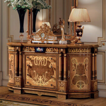 Lavish Armando Rho A1419 dresser crafted in walnut Persian burl, cherry wood and amaranth with reddish-brown finish and semi-precious stone inserts