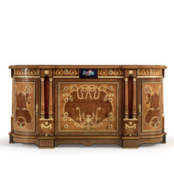 Exceptional Armando Rho A1419 dresser crafted in walnut Persian burl, cherry wood, and amaranth with glossy finish