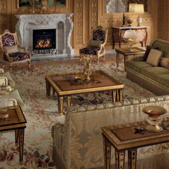 Refined Armando Rho A1431 coffee table crafted in walnut and oak wood with multicolor mother-of-pearl inlays and gilded edges