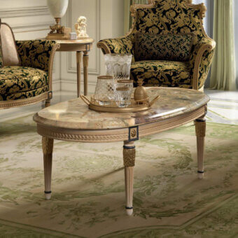 Distinguished Armando Rho A1422 coffee table crafted in Italy with antique walnut wood and striking green onyx top