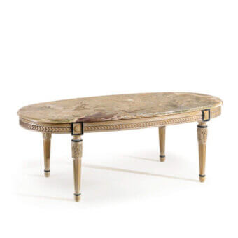 Elegant Armando Rho A1422 coffee table in antique walnut with distressed gold leaf and a green onyx oval top