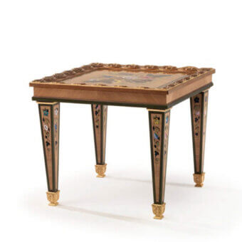Lavish Armando Rho A1432 side table handcrafted in walnut and oak wood with multicolor mother-of-pearl inlays and gilded satin finish
