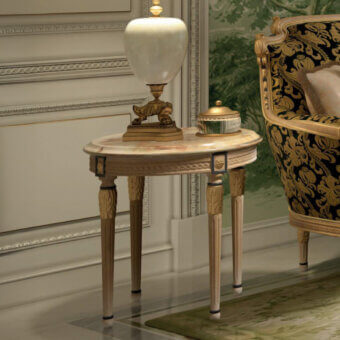 Superior Armando Rho A1423 side table in antique walnut with decappè effect and jewel-like green onyx top crafted in Italy