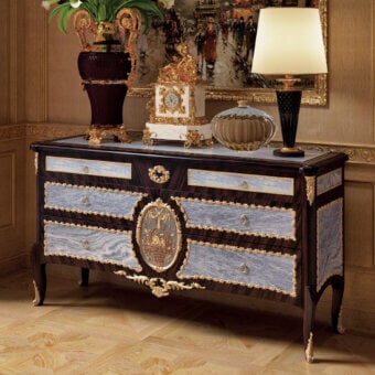 Lavish Armando Rho A1400 & A1424 dresser in smoked eucalyptus wood with pale blue-grey marble and gold leaf ormolu accents, boasting a glossy finish