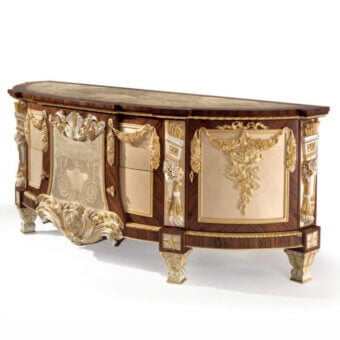 Exquisite Armando Rho A1426 sideboard crafted in rosewood and sycomore frisée with brass inlays and luminous white ceramic ornamentation