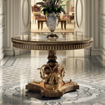 Refined Armando Rho A1436 foyer table crafted in walnut wood with hand-chiseled bronze and hand-painted floral ceramics detailing