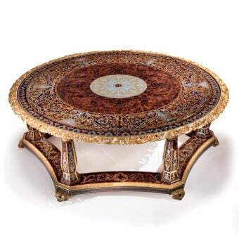 Lavish Armando Rho A1438 coffee table in walnut California burl and eco turtle shell with glossy brass and aluminum inlays