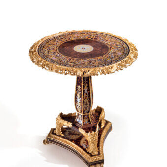 Superior Armando Rho A1439 side table crafted in walnut California burl and eco turtle shell with brass, aluminum, and mother-of-pearl inlays and glossy finish