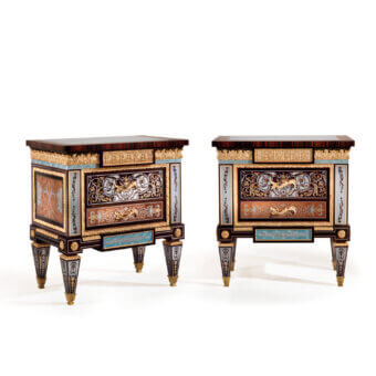 Distinguished Armando Rho A1441 nightstand crafted with madrona burl and faux turtle shell in a dark brown glossy finish