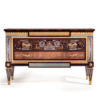 Exceptional Armando Rho A1442 dresser crafted in Italy with madrona burl, brass, and faux turtle shell finish