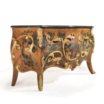 Superior Armando Rho A1443 dresser crafted in Italy with satinwood, hand-painted floral decorations and gold leaf bronze accents