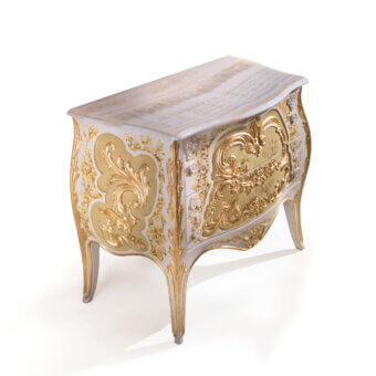 Distinguished Armando Rho A1444 nightstand in white lacquer with hand-painted floral decorations and a white onyx top